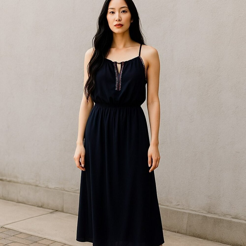 Maurices Womens Medium Navy Blue Spaghetti Strap Strappy Boho Maxi Dress Size M